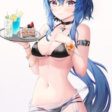 genshin impact, ganyu (genshin impact), ahoge, bangs, bikini, black bikini, blue hair, blush, breasts, cake, cleavage, collarbone, drink, eyebrows visible through hair, female