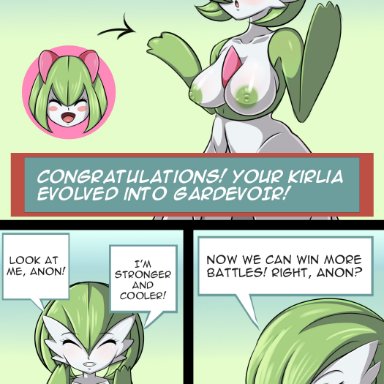 nintendo, pokemon, pokemon rse, gardevoir, kirlia, ikunsfw17, 1girls, anthro, areolae, big breasts, blush, breasts, closed eyes, eye contact, female