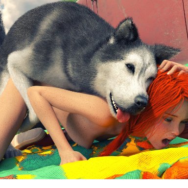 jizzmasterzero, 1animal, 1girls, ambiguous penetration, blanket, canine, doggy style, face down ass up, freckles, nude, on ground, open mouth, outdoors, red hair, teenager