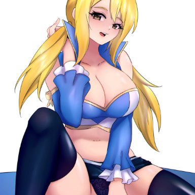 fairy tail, lucy heartfilia, big breasts, black panties, blonde hair, brown eyes, cute, female, female only, panties, skirt, smile, stockings, twintails, upskirt