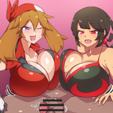 nintendo, pokemon, pokemon oras, pokemon rse, may (pokemon), zinnia (pokemon), dd (artist), 1boy, 2girls, balls, bandana, big breasts, breast to breast, breasts, brown hair