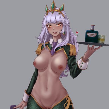 league of legends, qiyana, celdalin, :d, alcohol, bangs, bottle, breasts, condom, cowboy shot, dark-skinned female, dark skin, eyebrows visible through hair, female, glass