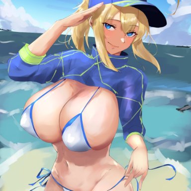 fate/grand order, fate (series), artoria pendragon, aya (user ddya7452), 1girls, ahoge, beach, bikini, blue eyes, blue sky, blush, breasts, cropped jacket, female, female only