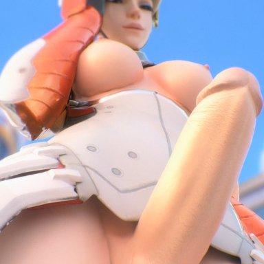 blizzard entertainment, overwatch, angela ziegler, mercy, netfuta, 1futa, areolae, balls, blue eyes, breasts, breasts out, clothes, cum, cum drip, cum dripping