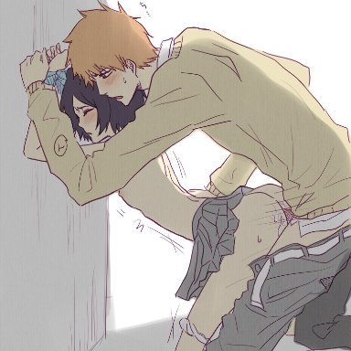 bleach, ichigo kurosaki, kuchiki rukia, against wall, almost naked, arched back, ass, barely clothed, bent over, black hair, blush, closed eyes, clothed sex, larger male, long hair