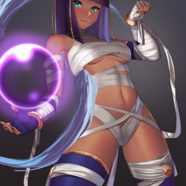 capcom, street fighter, street fighter v, menat, kagematsuri, 1girls, alternate costume, asymmetrical legwear, bandages, bangs, bare shoulders, blunt bangs, blush, bob cut, bracelet