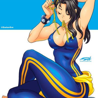 capcom, street fighter, street fighter alpha, chun-li, darkereve, 1girls, black hair, bodysuit, cleavage, closed eyes, feet, female, female only, fixing hair, hair bun