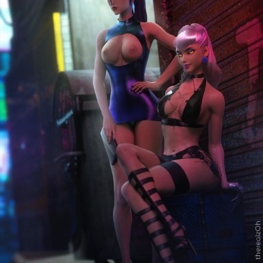 k/da series, league of legends, evelynn, k/da evelynn, k/da kai'sa, kai'sa, therealzoh, 2girls, athletic, athletic female, boob window, breasts, breasts out, female, female focus