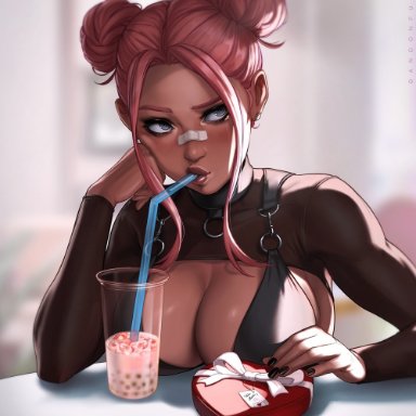 original, valentine's day, bubble (dandon fuga), original character, dandon fuga, 1girls, bandage, bandage on nose, beverage, big breasts, black nail polish, black nails, blue eyes, boba tea, box of chocolates