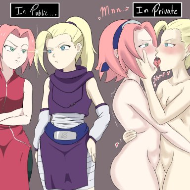 naruto, naruto (classic), naruto (series), ino yamanaka, sakura haruno, ebdc (artist), 2girls, before and after, blonde hair, blue eyes, blush, clothed, completely nude, curvaceous, duo