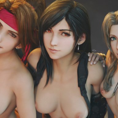 final fantasy, aerith gainsborough, jessie rasberry, tifa lockhart, tayra, 3girls, areolae, bandana, breasts, looking at viewer, nipples