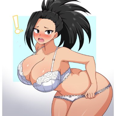 my hero academia, momo yaoyorozu, simmsy, 1girls, ass, big ass, big breasts, big butt, black hair, blush, bra, breasts, eye contact, female, huge ass