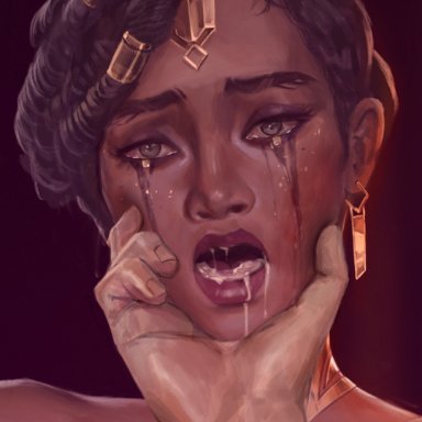 arcane, league of legends, mel medarda, firolian, 1girls, crying, crying with eyes open, cum, cum on face, cum on mouth, cum swallow, dark-skinned female, dark skin, female, female focus