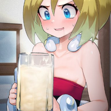 game freak, nintendo, pokemon, pokemon (game), pokemon legends: arceus, irida (pokemon), hizake, kashu (hizake), 1girls, bare shoulders, big eyes, blonde hair, blue eyes, blurry background, blush