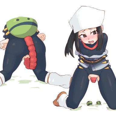 pokemon, pokemon legends: arceus, akari (pokemon), pok&#233;mon (species), liveactors, 1girls, black eyes, black hair, blush, bondage, egg implantation, egg laying, female, footwear, headwear