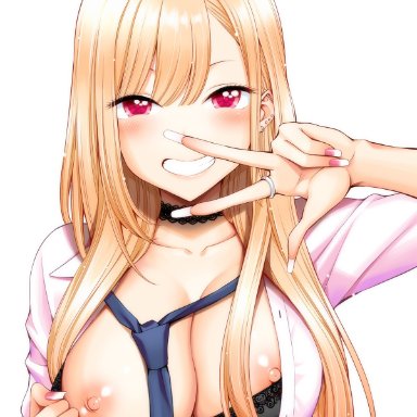 sono bisque doll wa koi wo suru, kitagawa marin, yahiro pochi, 1girls, bangs, barbell piercing, black bra, black choker, blonde hair, blue necktie, blush, bra, breasts, breasts out, choker