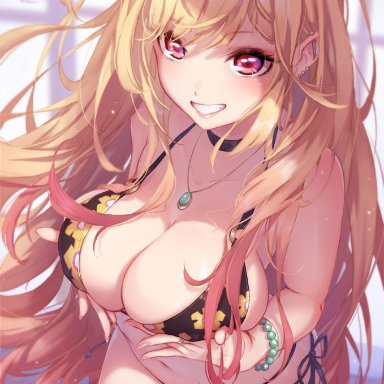 sono bisque doll wa koi wo suru, kitagawa marin, mitsu art, 1girls, bikini, black bikini, blonde hair, blush, breasts, choker, cleavage, female, female only, flower pattern, gyaru