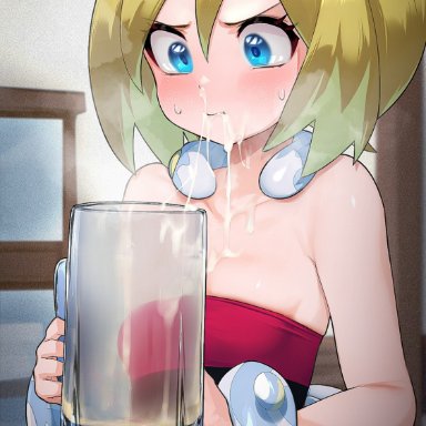 game freak, nintendo, pokemon, pokemon (game), pokemon legends: arceus, irida (pokemon), hizake, kashu (hizake), 1girls, bare shoulders, big eyes, blonde hair, blue eyes, blurry background, blush