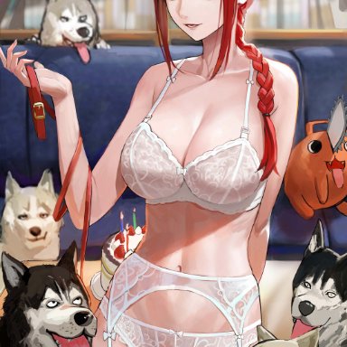 chainsaw man, makima (chainsaw man), makima dogs, artist request, 1girls, 6boys, animal, animal collar, bangs, bare arms, bookshelf, bra, braid, breasts, cake