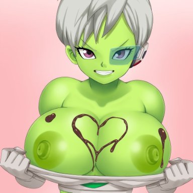 dragon ball, dragon ball super, valentine's day, cheelai, ttrop, 1girls, alien, alien girl, areolae, big breasts, breasts, chocolate heart, chocolate on breasts, eye contact, female