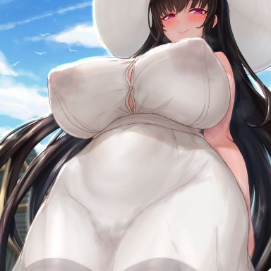 japanese mythology, hasshaku-sama, jefflink, 1girls, black hair, black thighhighs, blush, dress, female, female only, hat, huge breasts, long hair, mature female, milf