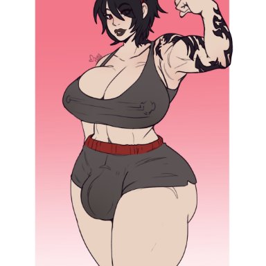 original, pengudraws, 1futa, abs, areolae, big breasts, black hair, bow, breasts, bulge, cleavage, clothed, clothing, flexing, fully clothed