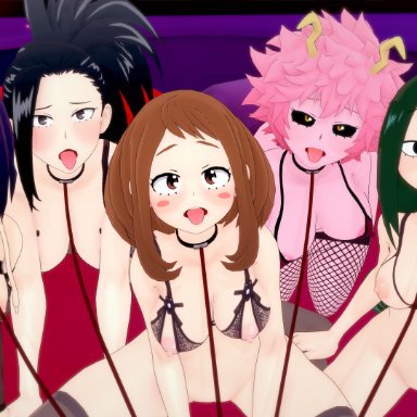 my hero academia, shounen jump, kyoka jiro, mina ashido, momo yaoyorozu, ochako uraraka, tsuyu asui, mommasspaghetti, anticipation, before sex, choker, collar, leash, lingerie, looking at viewer