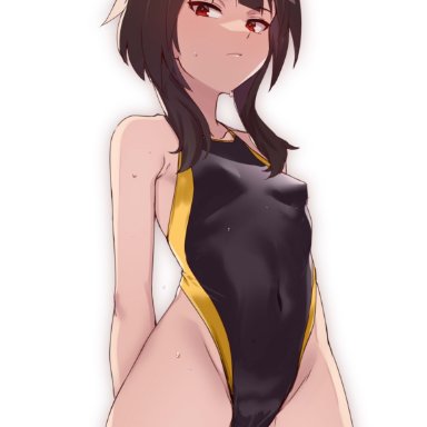 megumin, harunori oogami, 1girls, arms behind back, black hair, cameltoe, competition swimsuit, female, female focus, looking at viewer, looking down, midriff, navel, nipples, nipples visible through clothing