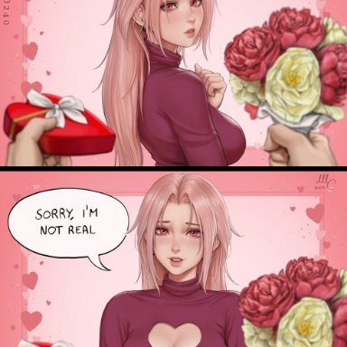 original, valentine's day, chloe (sciamano240), original character, sciamano240, 1boy, 1boy1girl, 1girls, bouquet, box of chocolates, cleavage, cleavage cutout, clothed, clothing, cute face