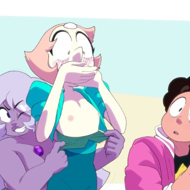 cartoon network, steven universe, amethyst (steven universe), gem (species), pearl (steven universe), steven quartz universe, inker comics, 1boy, 2girls, assisted exposure, big breasts, blue eyes, blush, covering mouth, embarrassed