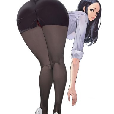 original, bobobong, 1girls, ass, bent over, black hair, black legwear, black skirt, breasts, dress shirt, earrings, female, female focus, female only, foreshortening