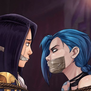 arcane, league of legends, caitlyn kiramman, jinx (league of legends), lostonezero, 2girls, arms tied behind back, black hair, blue eyes, blue hair, bondage, cleave gag, female, female focus, female only