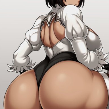 nier: automata, nier (series), yorha 2p, jmg, :o, android, ass, ass focus, back, black hair, black leotard, boots, breasts, curvy, dark-skinned female