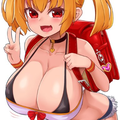 original, shiron (e1na1e2lu2ne3ru3), :d, backpack, bag, black bra, black legwear, blonde hair, blush, bow, bra, breasts, choker, cleavage, cowboy shot