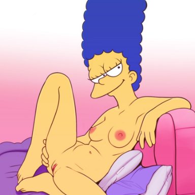 the simpsons, marge simpson, drockdraw, blue hair, breasts, grabbing own ass, laying on pillow, milf, pussy, yellow skin