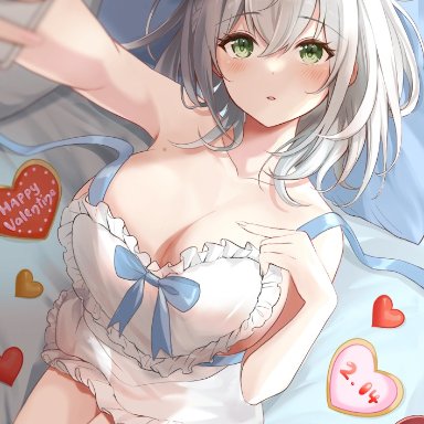 hololive, valentine, shirogane noel, 1girls, alternate costume, apron, bangs, blurry, blurry foreground, blush, braid, breasts, chocolate, cleavage, collarbone