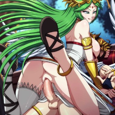 kid icarus, nintendo, palutena, pit, pit (kid icarus), reit, 1boy, 1girls, :p, background, big ass, big breasts, big penis, cowgirl position, faceless male