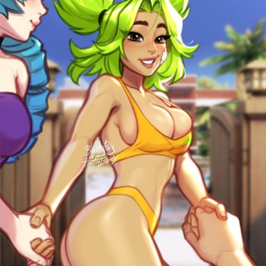 league of legends, riot games, gwen (league of legends), zeri (league of legends), blushypixy, 2girls, ass, blue eyes, blue hair, breasts, brown eyes, female, green hair, handholding, looking at another