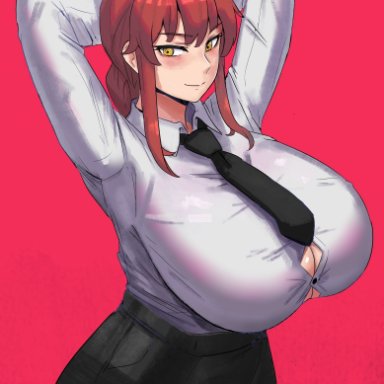 chainsaw man, makima (chainsaw man), ytrall, 1girls, arms behind head, arms up, blush, breasts, clothed, clothed female, female, female only, hips, huge breasts, long hair