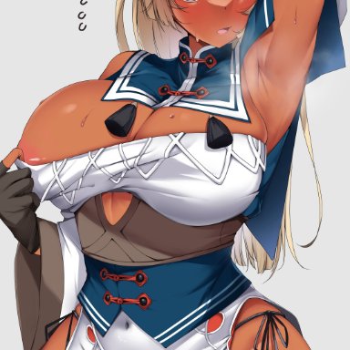 hololive, shiranui flare, antyobi0720, 1girls, areola, areola slip, armpits, black gloves, blonde hair, blue bow, bow, breasts, cleavage, dark-skinned female, dark skin