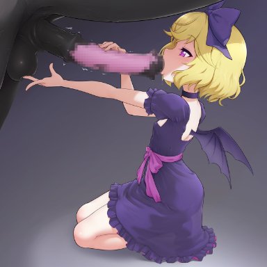 tonari no kyuuketsuki-san, akai (riaakai), blonde hair, bow, breasts, dress, elly (tonari no kyuuketsuki-san), fellatio, female, full body, hairbow, horse, horse penis, kneeling, oral