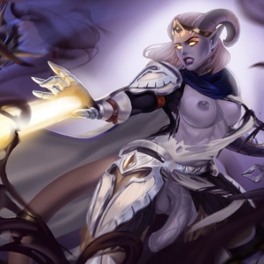 world of warcraft, draenei, lightforged draenei, holymeh, 1futa, areolae, athletic futanari, balls, big breasts, big penis, breasts, clothed, clothing, combat, fight