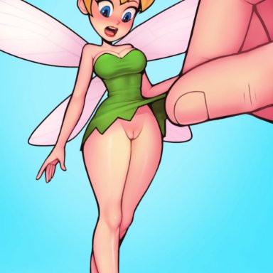 tinker bell, loodncrood, 1girls, fairy, micro, pussy, size difference, tight clothing, wings, yellow hair
