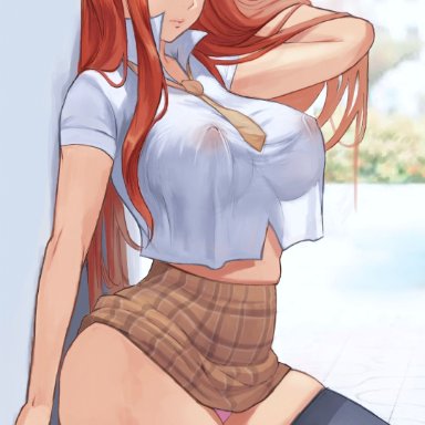 bleach, inoue orihime, zefra bleu, 1girls, against wall, ass, big ass, big breasts, breasts, brown eyes, eyelashes, female, female focus, female only, fully clothed