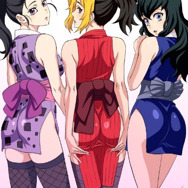 demon slayer, kimetsu no yaiba, hinatsuru (kimetsu no yaiba), makio (kimetsu no yaiba), suma (kimetsu no yaiba), baron (artist), 3girls, arms behind back, big ass, black hair, black legwear, black thighhighs, blonde hair, blue eyes, bubble butt