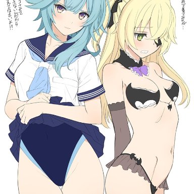 genshin impact, eula (genshin impact), fischl (genshin impact), taka tony, 2girls, arms behind back, bare arms, bat print, black bra, black hairband, black panties, blonde hair, blue hair, blue swimsuit, blush