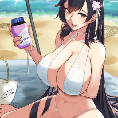 azur lane, atago (azur lane), toro zai, 1girls, arm under breasts, beach, beach umbrella, belly, big breasts, bikini, bikini bottom, bikini top, breasts, cleavage, covered nipples