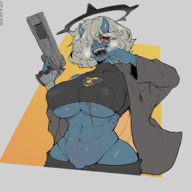 guilty gear, happy chaos, taigerarts, abs, big breasts, blue skin, curvy, demon, demon girl, demon horns, gun, huge breasts, looking at viewer, midriff, muscular