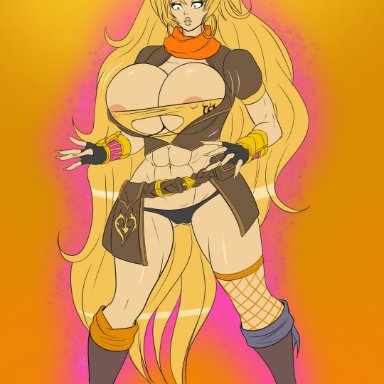 rwby, yang xiao long, annon, 1girls, 5 fingers, abs, ahoge, big breasts, bimbo, bimbofication, blonde hair, breast expansion, breasts, female, female only