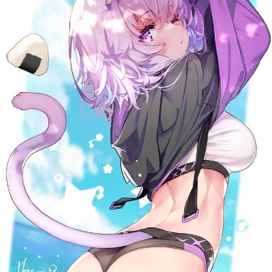 hololive, nekomata okayu, hong (white spider), 1girls, animal ear fluff, animal ears, ass, back, bangs, bikini, black bikini, black hoodie, breasts, cat ears, cat girl